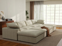 Deluxe Cloud 4-Seater Khaki Pit Sectional | 8-Piece (Includes 4 Ottomans), Cotton And Linen Fabric, Family Room Seating, Washable Cushion Covers