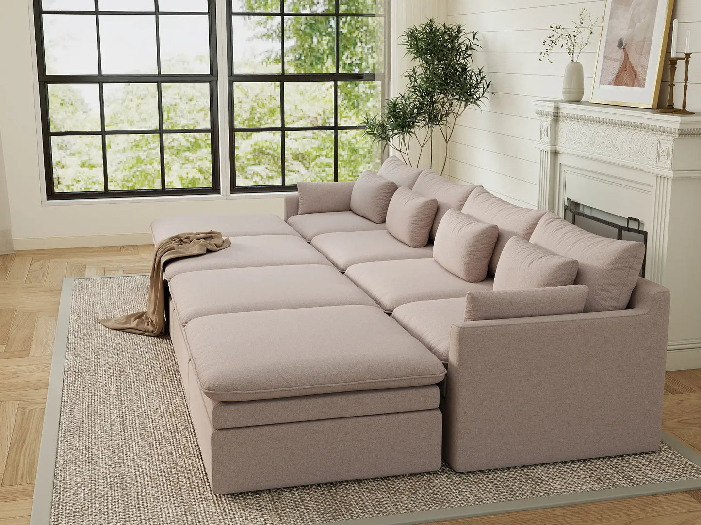 Deluxe Cloud 4-Seater Khaki Pit Sectional | 8-Piece (Includes 4 Ottomans), Linen Look Poly Fabric, Washable Cushion Covers