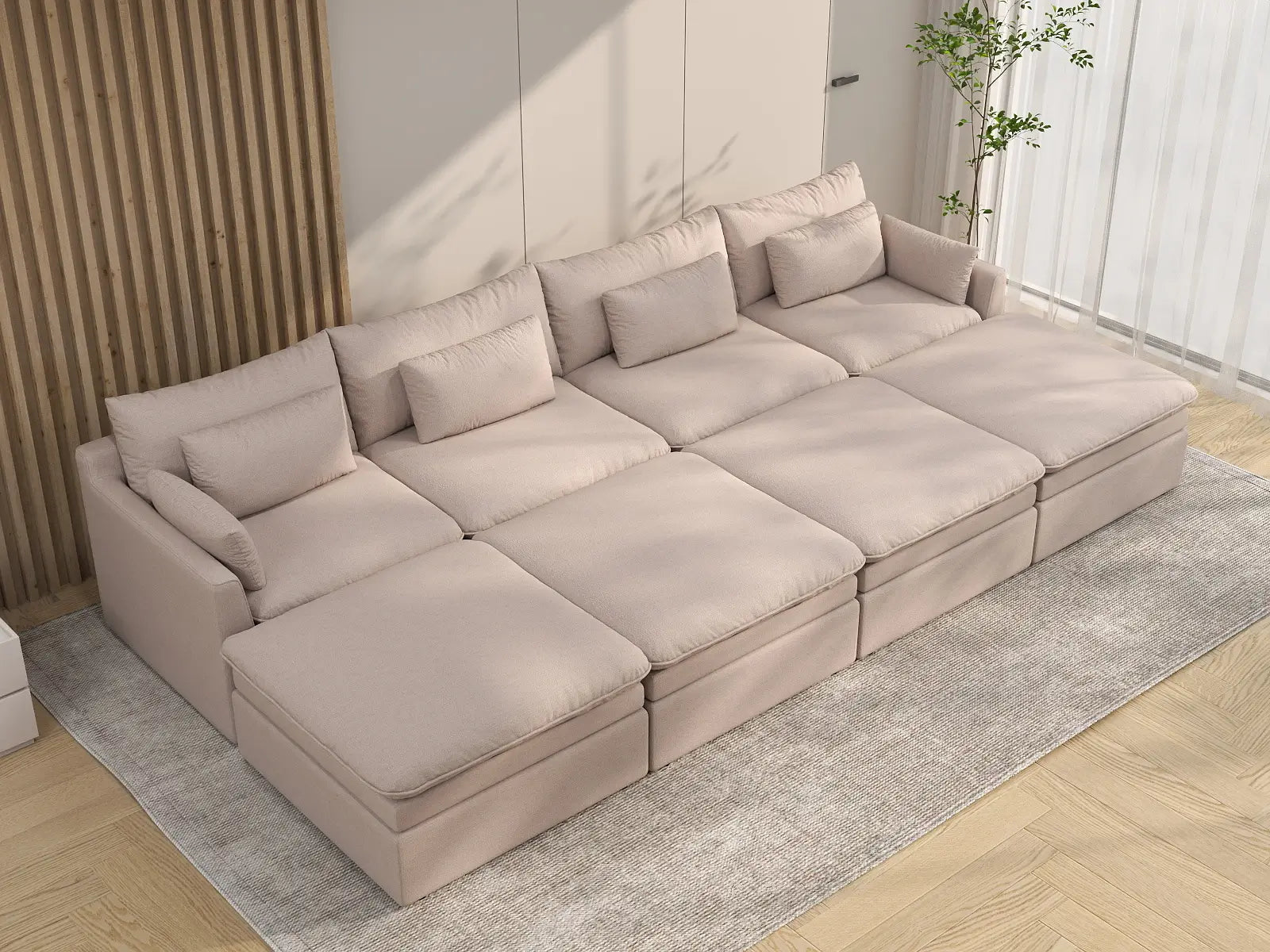 Deluxe Cloud 4-Seater Khaki Pit Sectional | 8-Piece (Includes 4 Ottomans), Linen Look Poly Fabric, Washable Cushion Covers