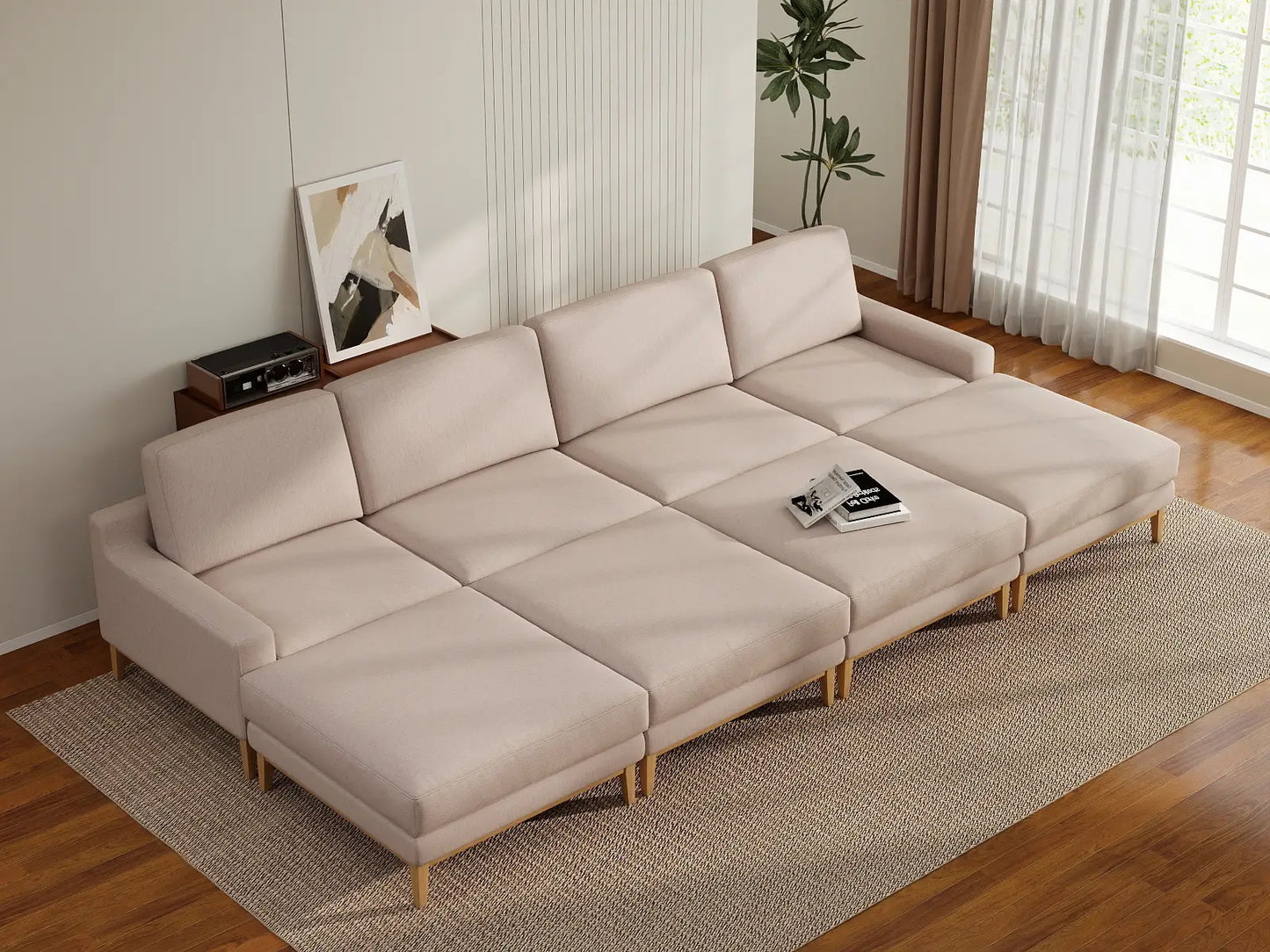 Deluxe Cloud 4-Seater Khaki Pit Sectional | 8-Piece (Includes 4 Ottomans), Linen Look Poly Fabric, Washable Cushion Covers