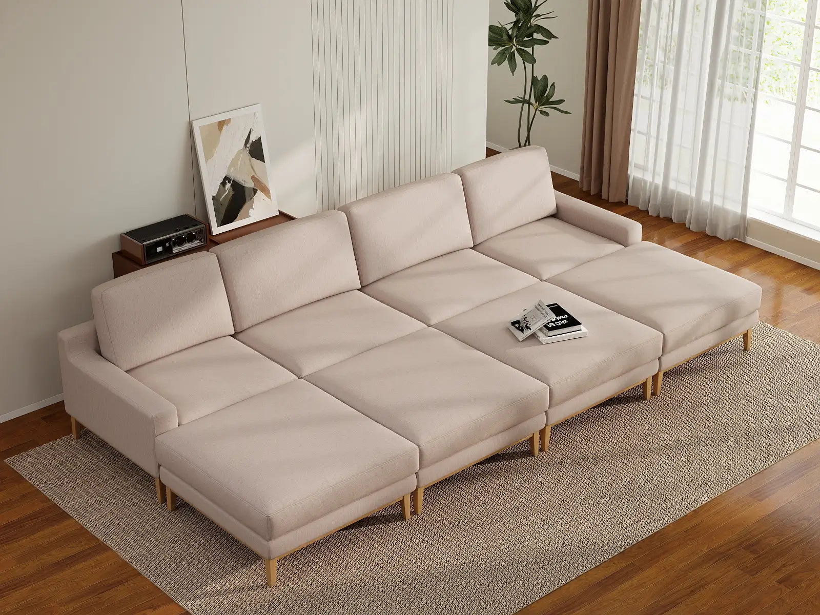 Deluxe Cloud 4-Seater Khaki Pit Sectional | 8-Piece (Includes 4 Ottomans), Linen Look Poly Fabric, Washable Cushion Covers