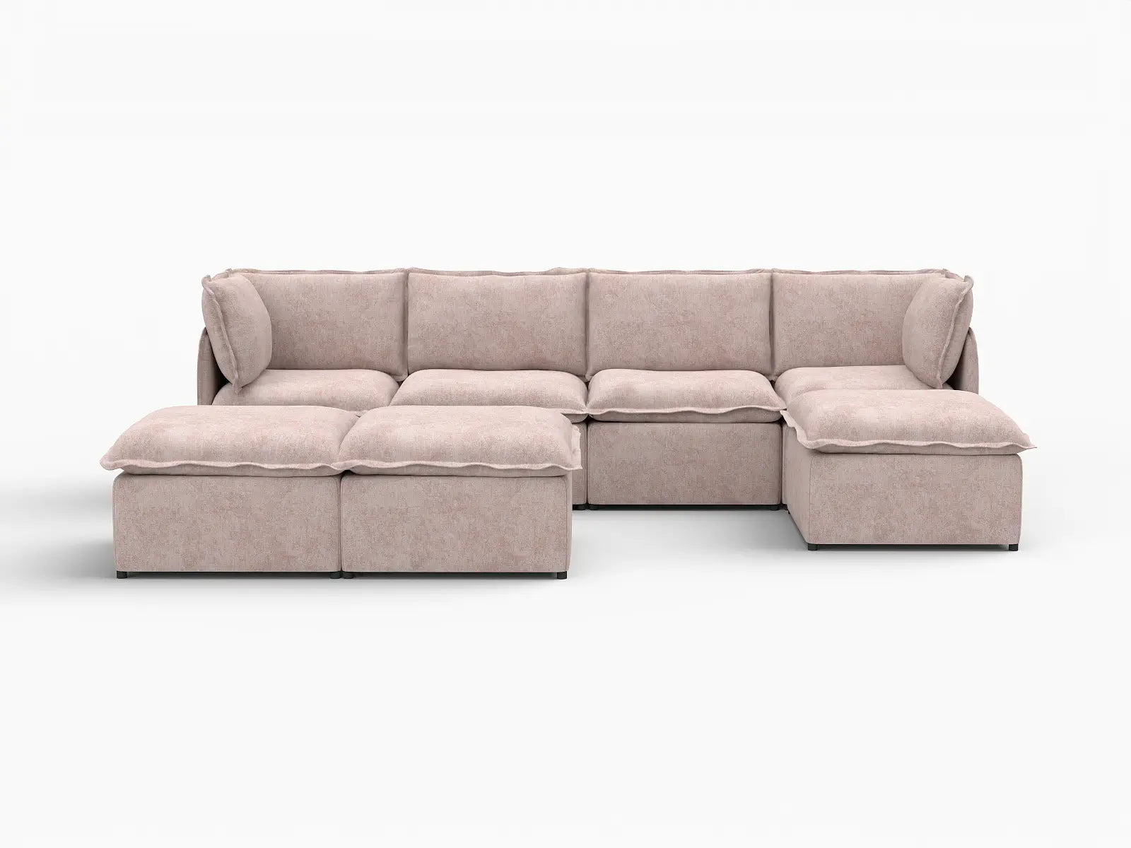 Deluxe Cloud 4-Seater Khaki Sofa Set | 7-Piece (Includes 3 Ottomans), Linen Look Poly Fabric, Washable Cushion Covers