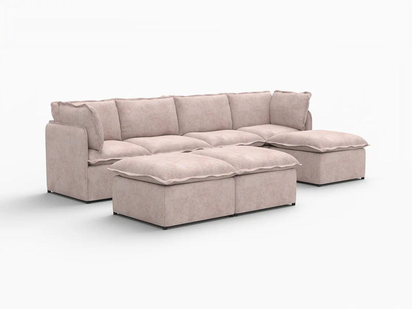 Deluxe Cloud 4-Seater Khaki Sofa Set | 7-Piece (Includes 3 Ottomans), Linen Look Poly Fabric, Washable Cushion Covers