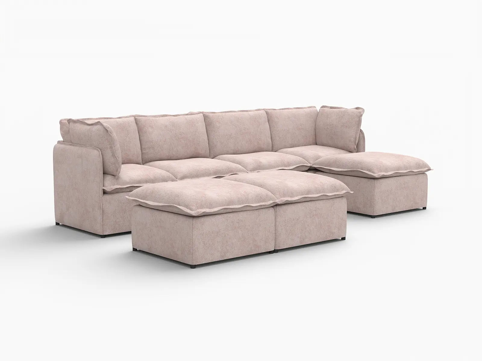 Deluxe Cloud 4-Seater Khaki Sofa Set | 7-Piece (Includes 3 Ottomans), Linen Look Poly Fabric, Washable Cushion Covers