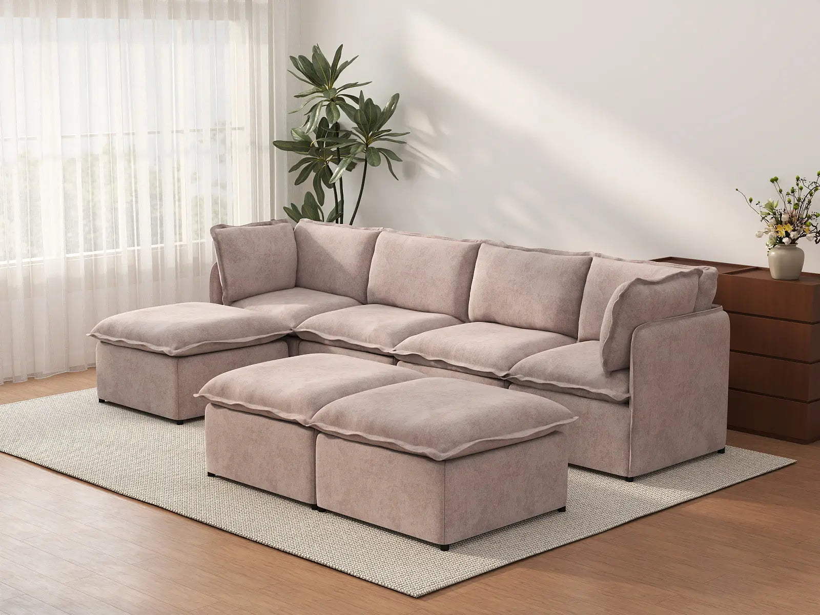 Deluxe Cloud 4-Seater Khaki Sofa Set | 7-Piece (Includes 3 Ottomans), Linen Look Poly Fabric, Washable Cushion Covers