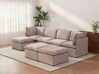 Deluxe Cloud 4-Seater Khaki Sofa Set | 7-Piece (Includes 3 Ottomans), Linen Look Poly Fabric, Washable Cushion Covers