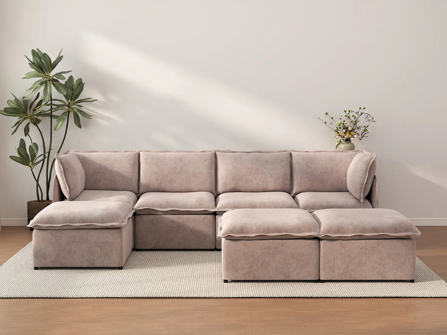 Deluxe Cloud 4-Seater Khaki Sofa Set | 7-Piece (Includes 3 Ottomans), Linen Look Poly Fabric, Washable Cushion Covers