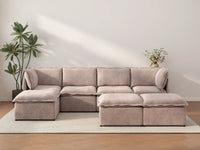 Deluxe Cloud 4-Seater Khaki Sofa Set | 7-Piece (Includes 3 Ottomans), Linen Look Poly Fabric, Washable Cushion Covers