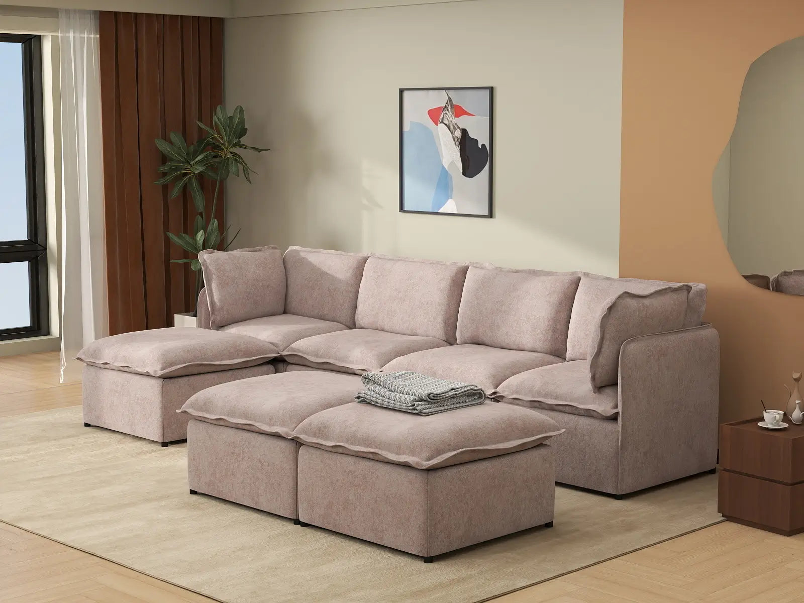 Deluxe Cloud 4-Seater Khaki Sofa Set | 7-Piece (Includes 3 Ottomans), Linen Look Poly Fabric, Washable Cushion Covers