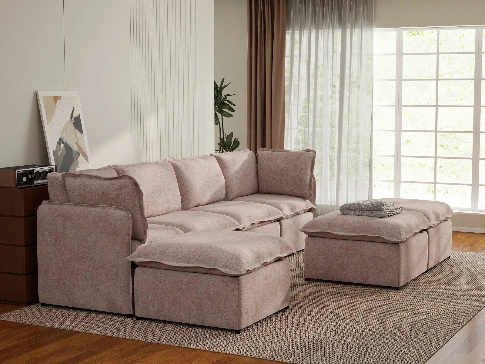 Deluxe Cloud 4-Seater Khaki Sofa Set | 7-Piece (Includes 3 Ottomans), Linen Look Poly Fabric, Washable Cushion Covers