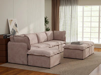 Deluxe Cloud 4-Seater Khaki Sofa Set | 7-Piece (Includes 3 Ottomans), Linen Look Poly Fabric, Washable Cushion Covers