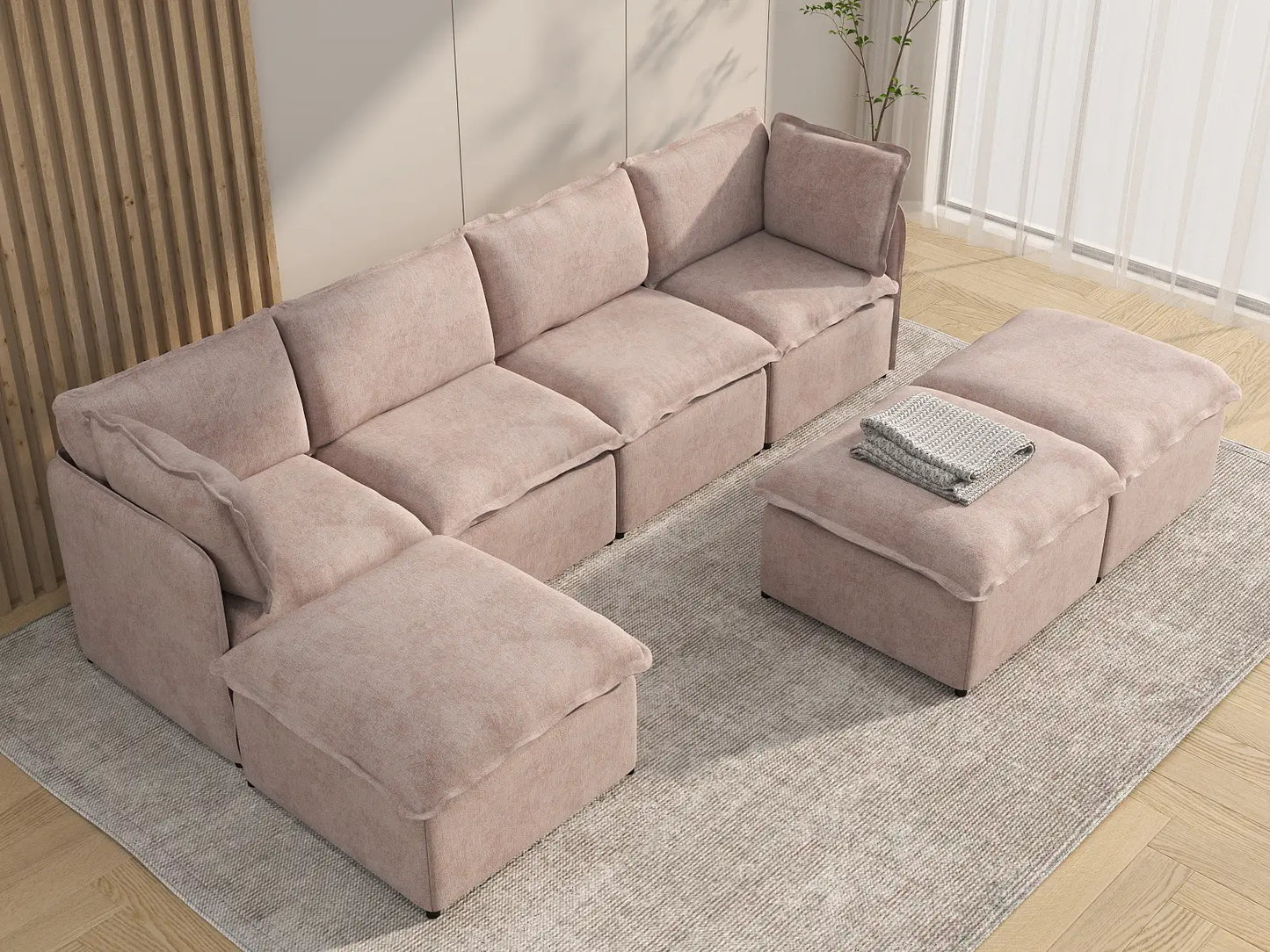 Deluxe Cloud 4-Seater Khaki Sofa Set | 7-Piece (Includes 3 Ottomans), Linen Look Poly Fabric, Washable Cushion Covers