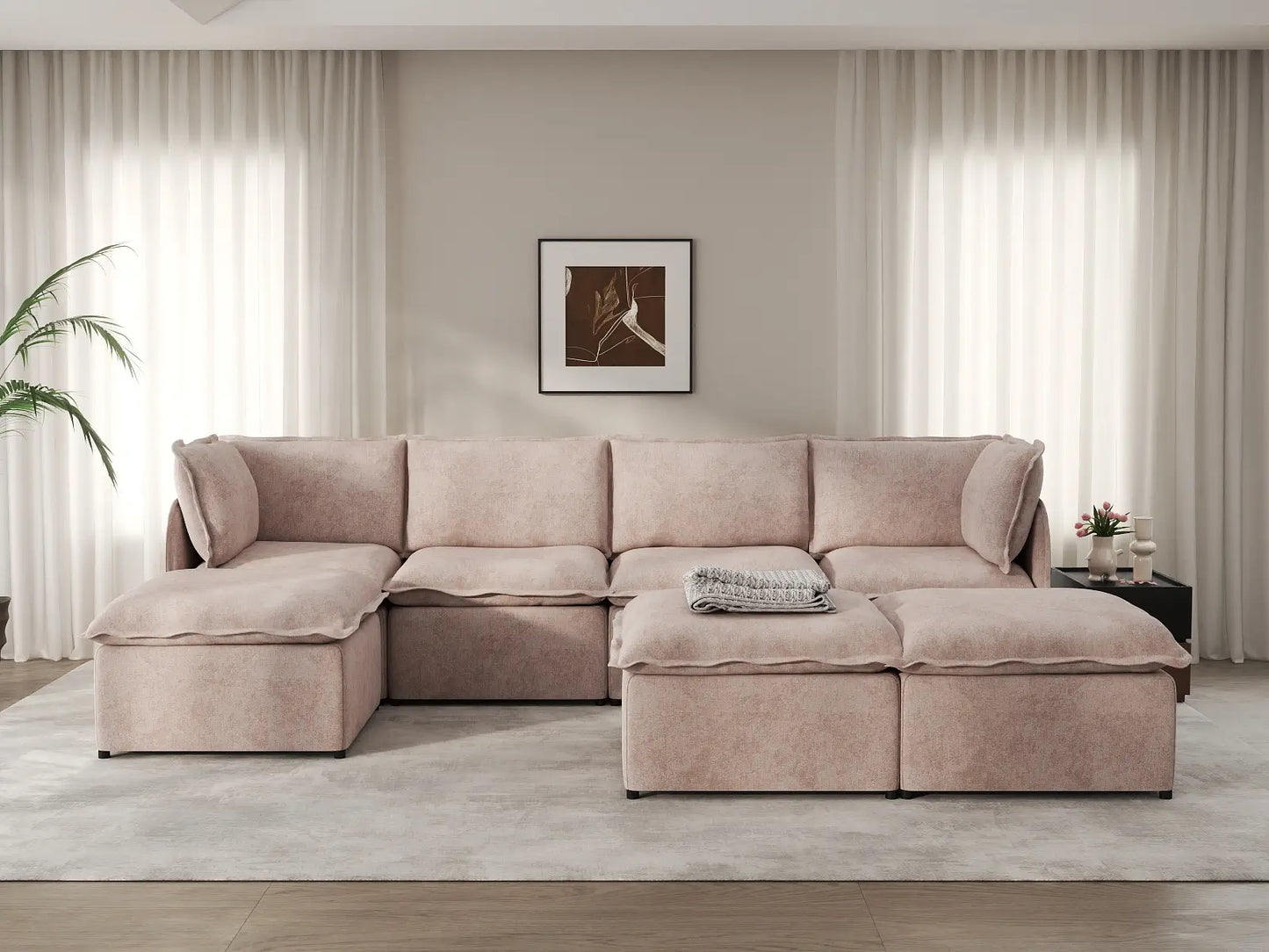 Deluxe Cloud 4-Seater Khaki Sofa Set | 7-Piece (Includes 3 Ottomans), Linen Look Poly Fabric, Washable Cushion Covers