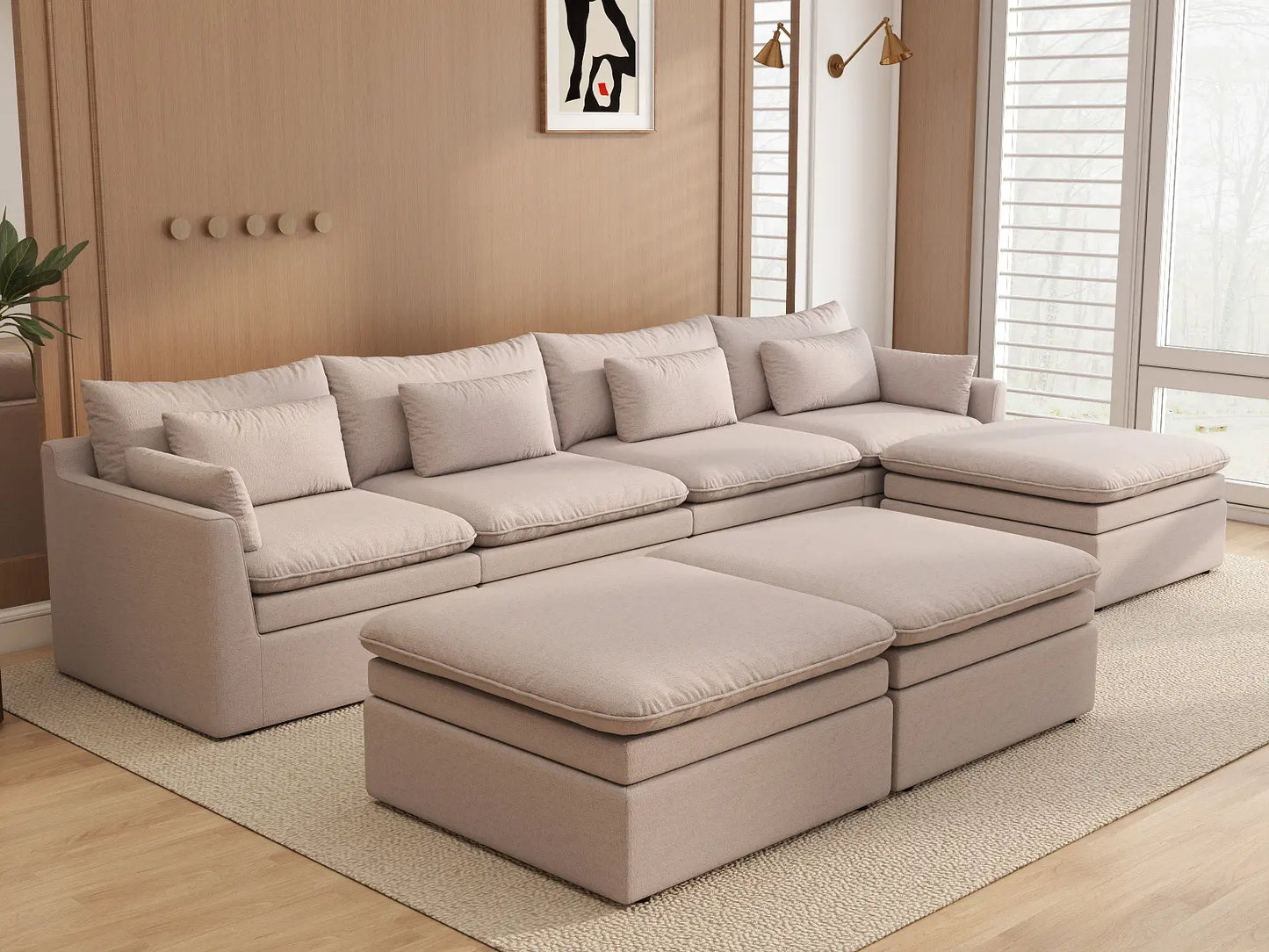 Deluxe Cloud 4-Seater Khaki Sofa Set | 7-Piece (Includes 3 Ottomans), Linen Look Poly Fabric, Washable Cushion Covers