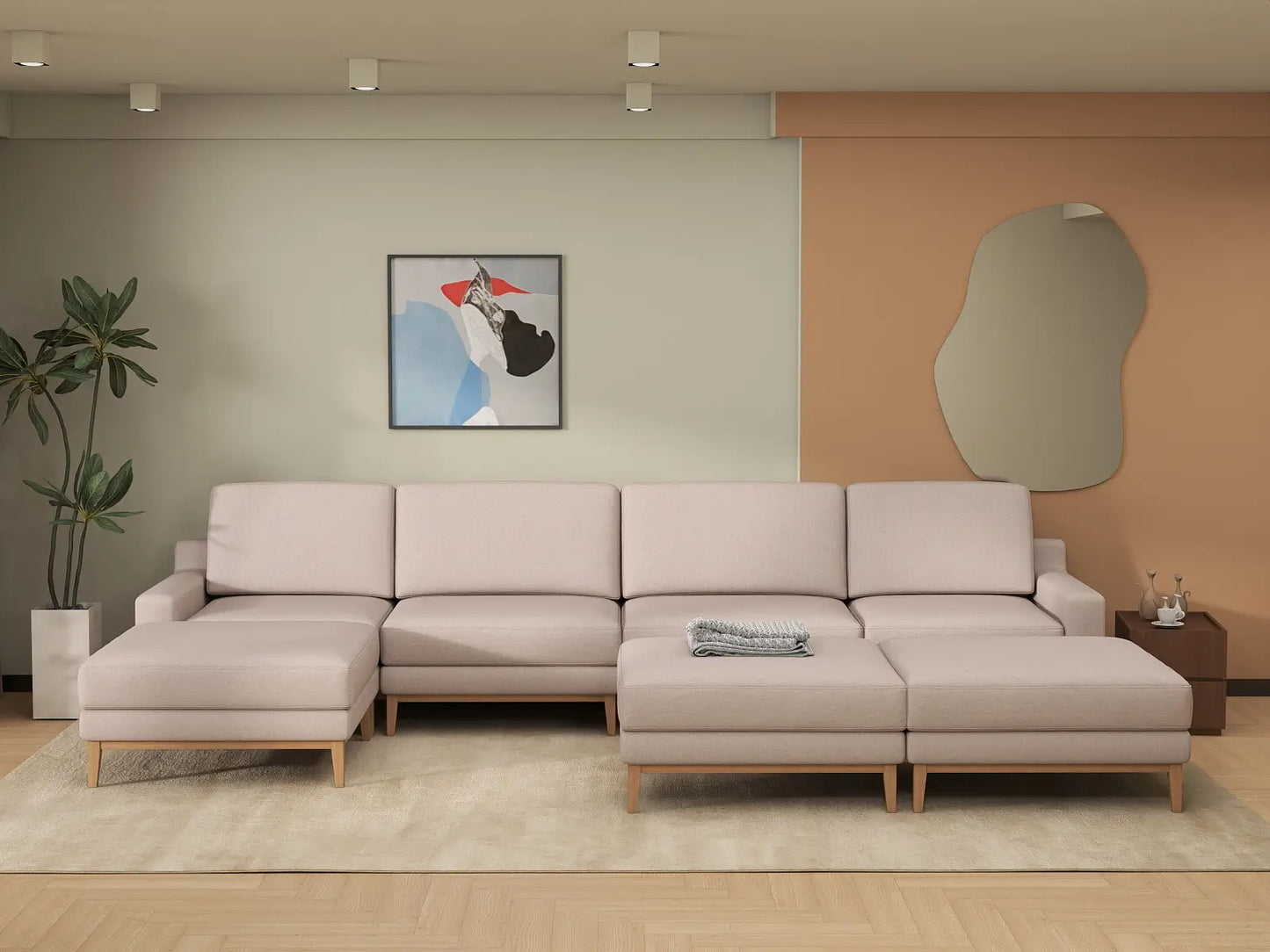 Deluxe Cloud 4-Seater Khaki Sofa Set | 7-Piece (Includes 3 Ottomans), Linen Look Poly Fabric, Washable Cushion Covers