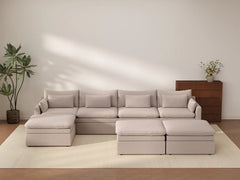 Deluxe Cloud 4-Seater Khaki Sofa Set | 7-Piece (Includes 3 Ottomans), Linen Look Poly Fabric, Washable Cushion Covers