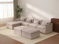 Deluxe Cloud 4-Seater Khaki Sofa Set | 7-Piece (Includes 3 Ottomans), Linen Look Poly Fabric, Washable Cushion Covers