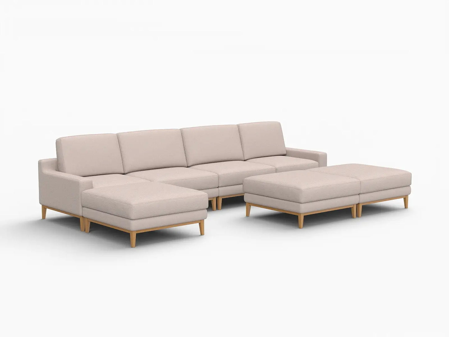 Deluxe Cloud 4-Seater Khaki Sofa Set | 7-Piece (Includes 3 Ottomans), Linen Look Poly Fabric, Washable Cushion Covers