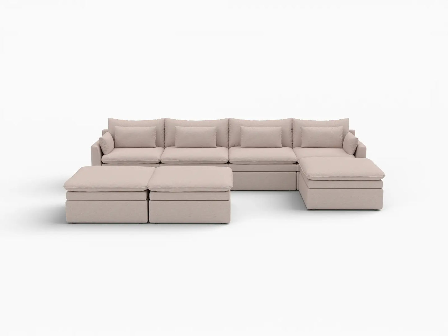 Deluxe Cloud 4-Seater Khaki Sofa Set | 7-Piece (Includes 3 Ottomans), Linen Look Poly Fabric, Washable Cushion Covers