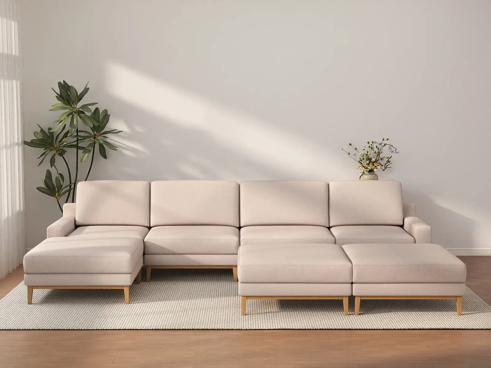 Deluxe Cloud 4-Seater Khaki Sofa Set | 7-Piece (Includes 3 Ottomans), Linen Look Poly Fabric, Washable Cushion Covers