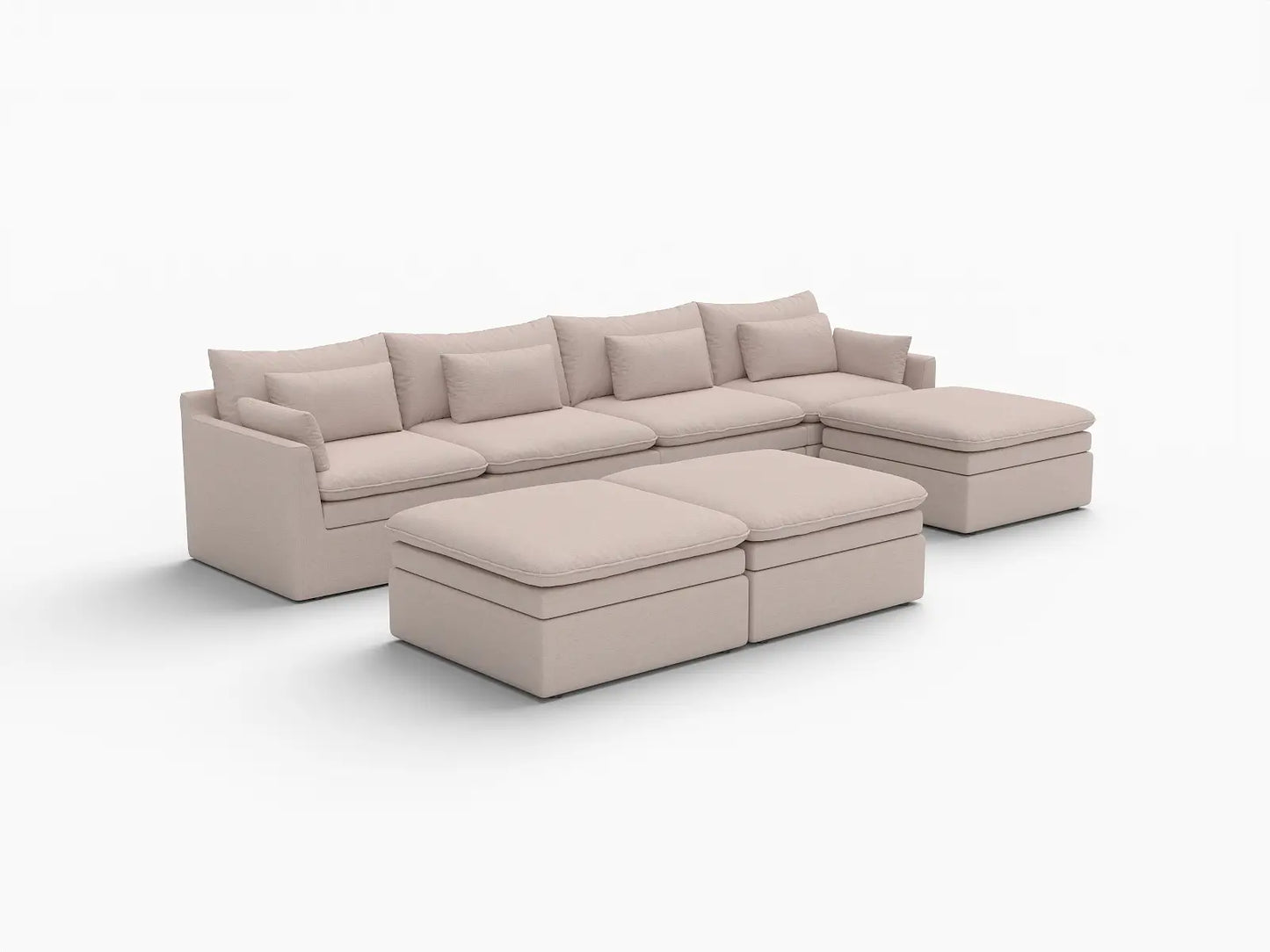 Deluxe Cloud 4-Seater Khaki Sofa Set | 7-Piece (Includes 3 Ottomans), Linen Look Poly Fabric, Washable Cushion Covers