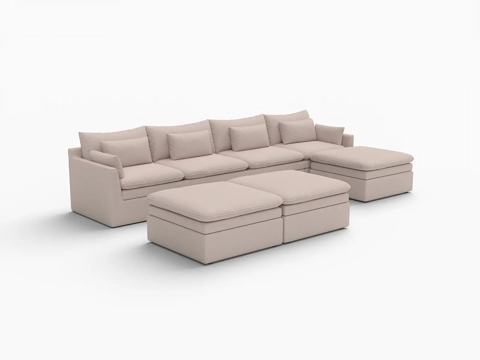 Deluxe Cloud 4-Seater Khaki Sofa Set | 7-Piece (Includes 3 Ottomans), Linen Look Poly Fabric, Washable Cushion Covers