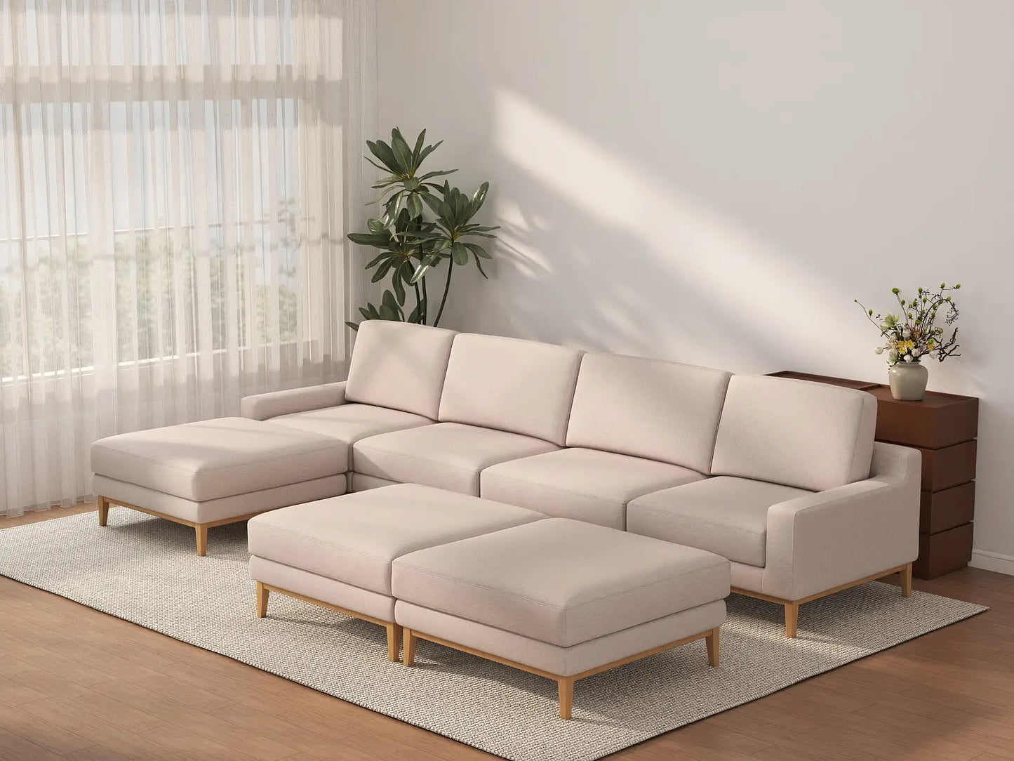 Deluxe Cloud 4-Seater Khaki Sofa Set | 7-Piece (Includes 3 Ottomans), Linen Look Poly Fabric, Washable Cushion Covers