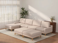 Deluxe Cloud 4-Seater Khaki Sofa Set | 7-Piece (Includes 3 Ottomans), Linen Look Poly Fabric, Washable Cushion Covers