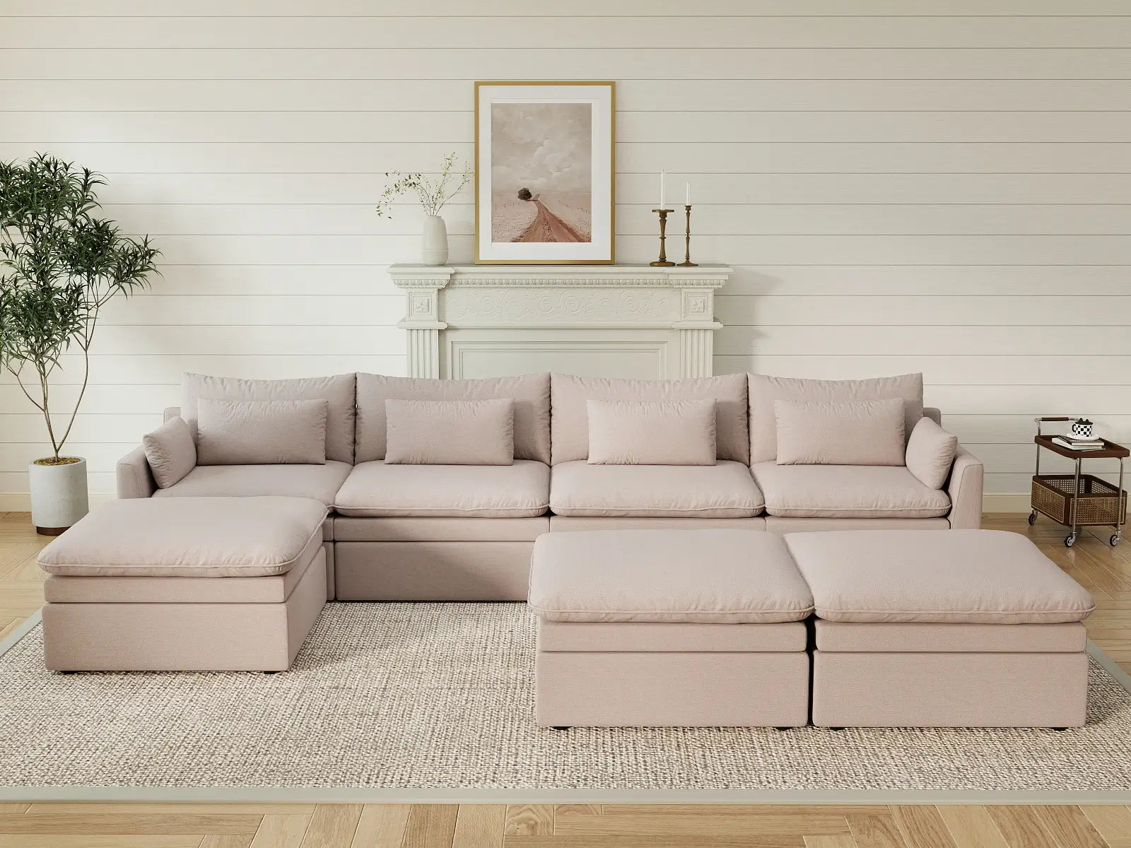 Deluxe Cloud 4-Seater Khaki Sofa Set | 7-Piece (Includes 3 Ottomans), Linen Look Poly Fabric, Washable Cushion Covers