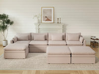 Deluxe Cloud 4-Seater Khaki Sofa Set | 7-Piece (Includes 3 Ottomans), Linen Look Poly Fabric, Washable Cushion Covers