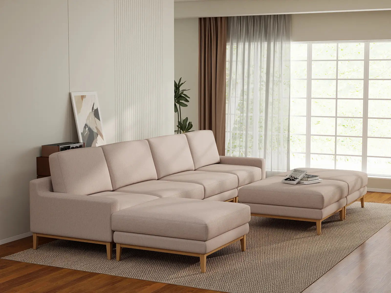 Deluxe Cloud 4-Seater Khaki Sofa Set | 7-Piece (Includes 3 Ottomans), Linen Look Poly Fabric, Washable Cushion Covers