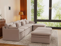 Deluxe Cloud 4-Seater Khaki Sofa Set | 7-Piece (Includes 3 Ottomans), Linen Look Poly Fabric, Washable Cushion Covers