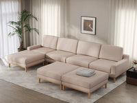 Deluxe Cloud 4-Seater Khaki Sofa Set | 7-Piece (Includes 3 Ottomans), Linen Look Poly Fabric, Washable Cushion Covers