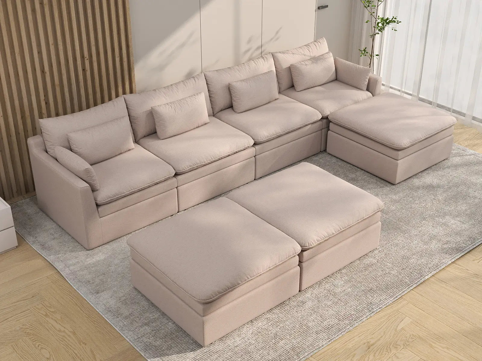 Deluxe Cloud 4-Seater Khaki Sofa Set | 7-Piece (Includes 3 Ottomans), Linen Look Poly Fabric, Washable Cushion Covers
