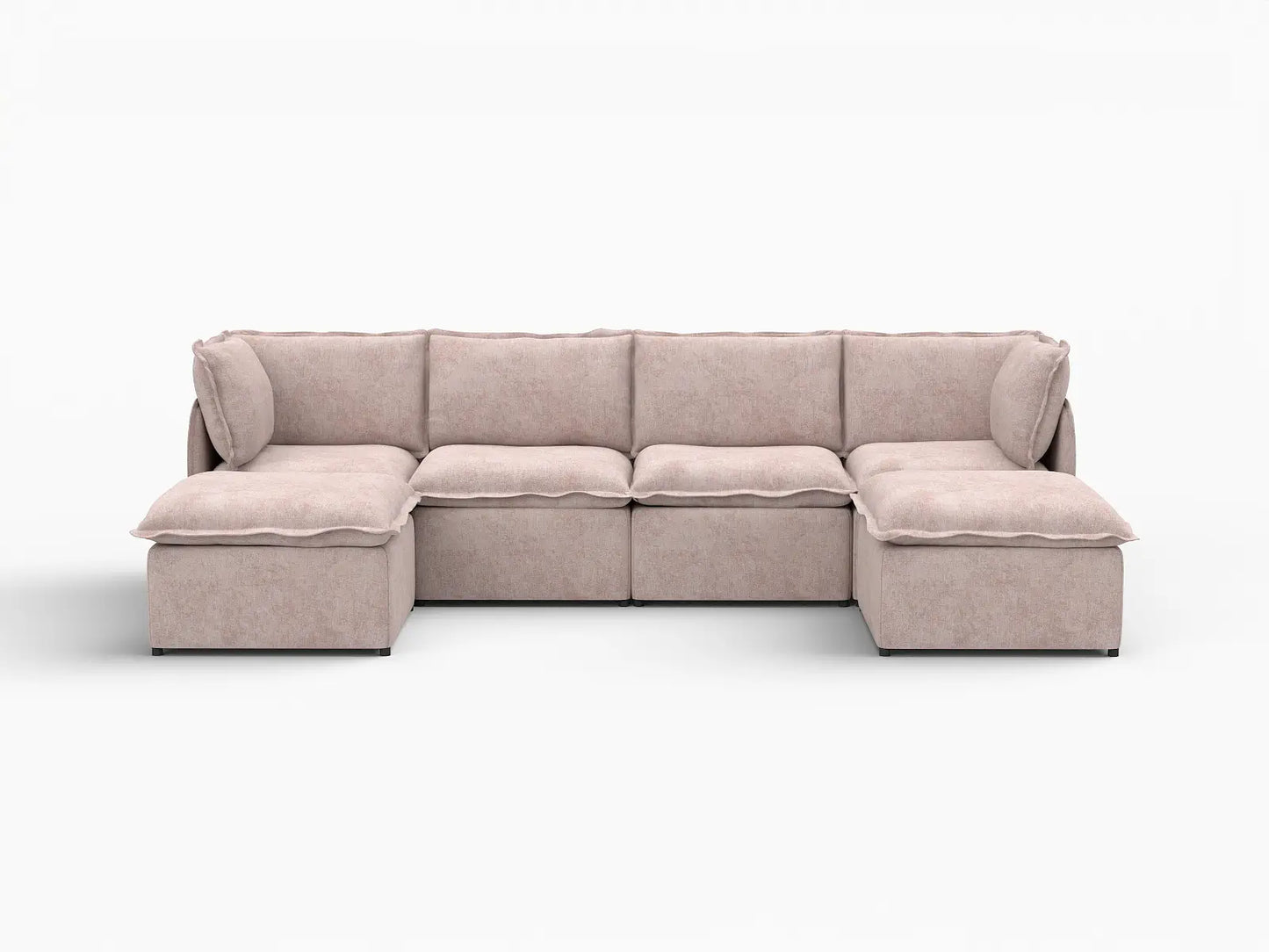 Deluxe Cloud 4-Seater Khaki U-Shaped Sectional | 6-Piece (Includes 2 Ottomans), Linen Look Poly Fabric, Washable Cushion Covers
