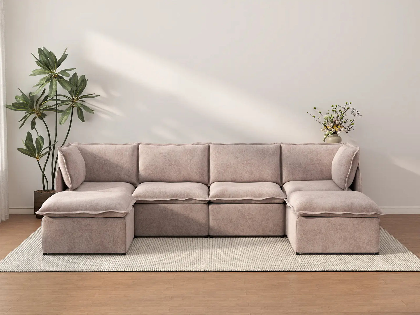 Deluxe Cloud 4-Seater Khaki U-Shaped Sectional | 6-Piece (Includes 2 Ottomans), Linen Look Poly Fabric, Washable Cushion Covers