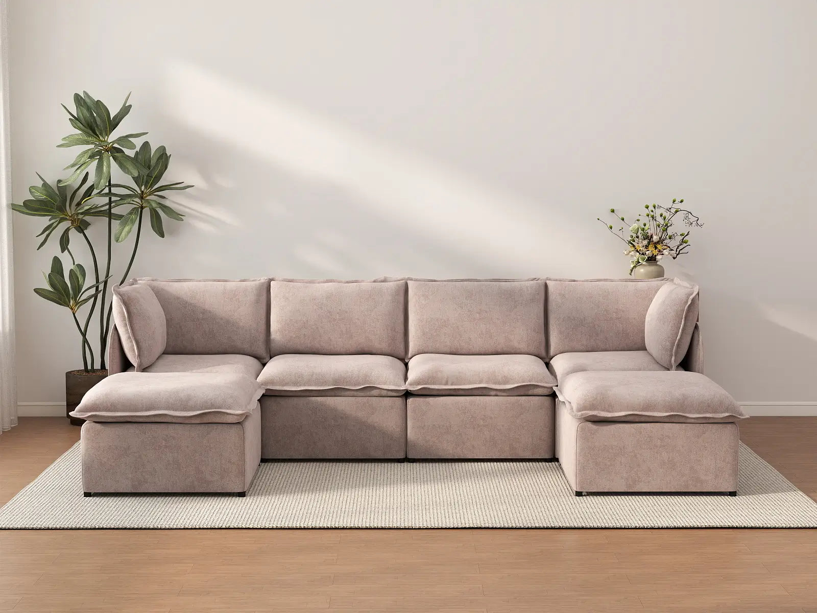 Deluxe Cloud 4-Seater Khaki U-Shaped Sectional | 6-Piece (Includes 2 Ottomans), Linen Look Poly Fabric, Washable Cushion Covers