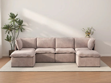 Deluxe Cloud 4-Seater Khaki U-Shaped Sectional | 6-Piece (Includes 2 Ottomans), Linen Look Poly Fabric, Washable Cushion Covers