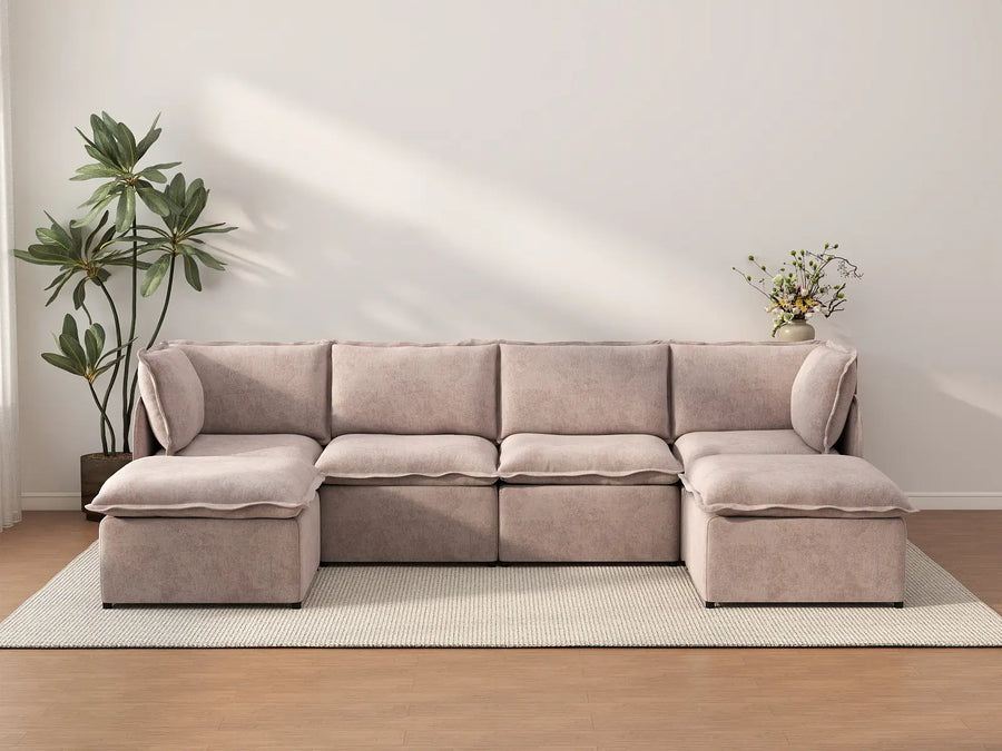 Deluxe Cloud 4-Seater Khaki U-Shaped Sectional | 6-Piece (Includes 2 Ottomans), Linen Look Poly Fabric, Washable Cushion Covers