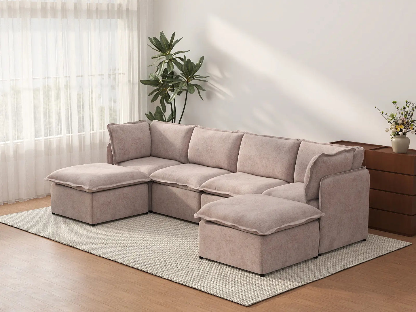 Deluxe Cloud 4-Seater Khaki U-Shaped Sectional | 6-Piece (Includes 2 Ottomans), Linen Look Poly Fabric, Washable Cushion Covers