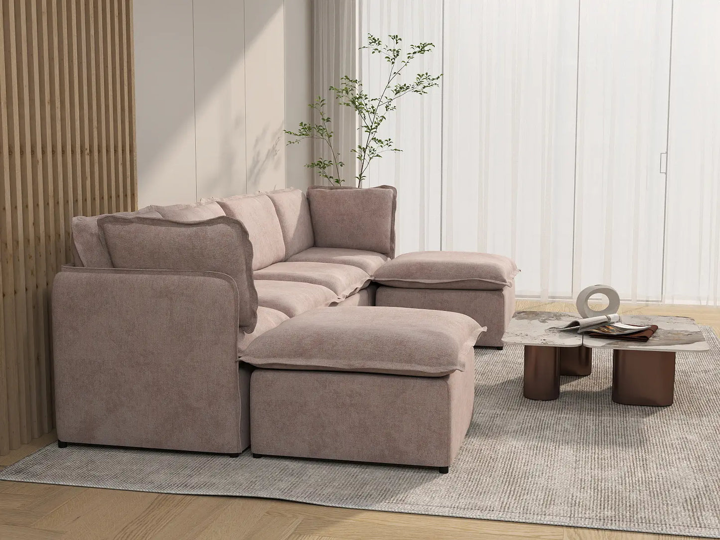 Deluxe Cloud 4-Seater Khaki U-Shaped Sectional | 6-Piece (Includes 2 Ottomans), Linen Look Poly Fabric, Washable Cushion Covers