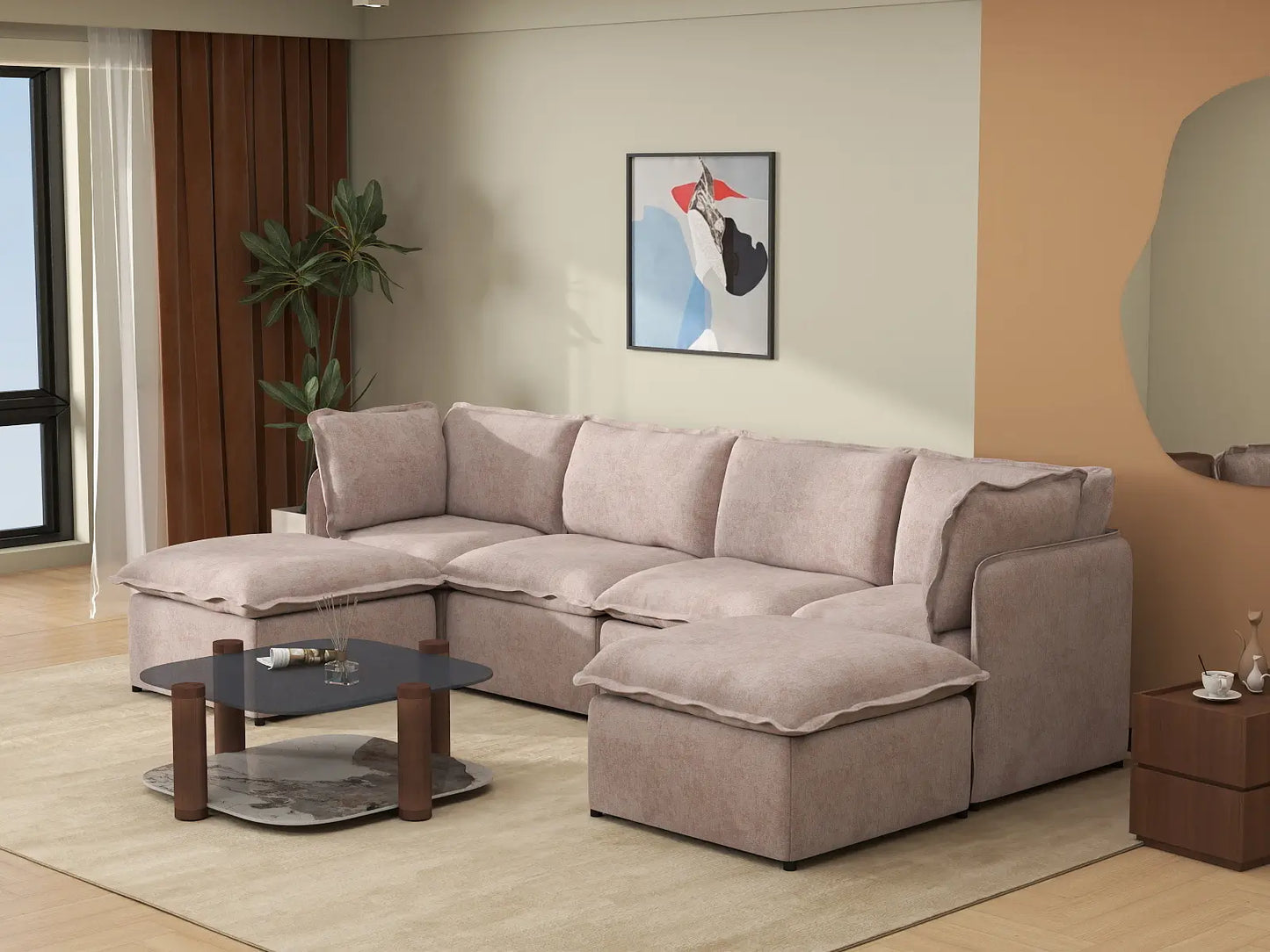Deluxe Cloud 4-Seater Khaki U-Shaped Sectional | 6-Piece (Includes 2 Ottomans), Linen Look Poly Fabric, Washable Cushion Covers