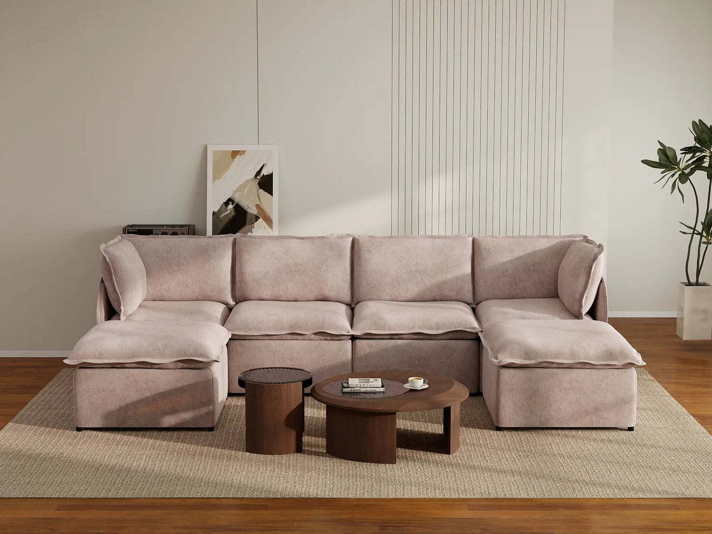 Deluxe Cloud 4-Seater Khaki U-Shaped Sectional | 6-Piece (Includes 2 Ottomans), Linen Look Poly Fabric, Washable Cushion Covers