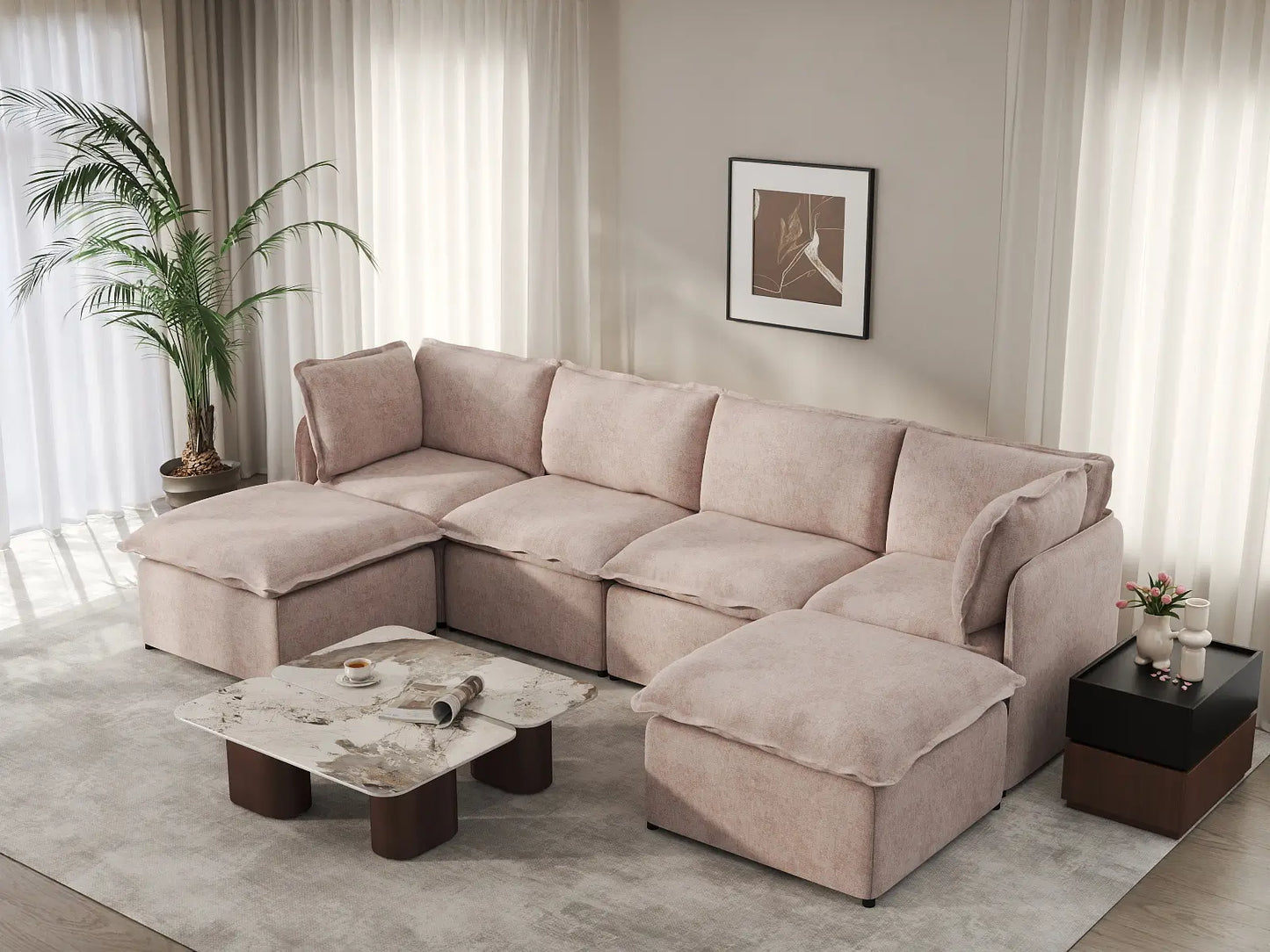 Deluxe Cloud 4-Seater Khaki U-Shaped Sectional | 6-Piece (Includes 2 Ottomans), Linen Look Poly Fabric, Washable Cushion Covers