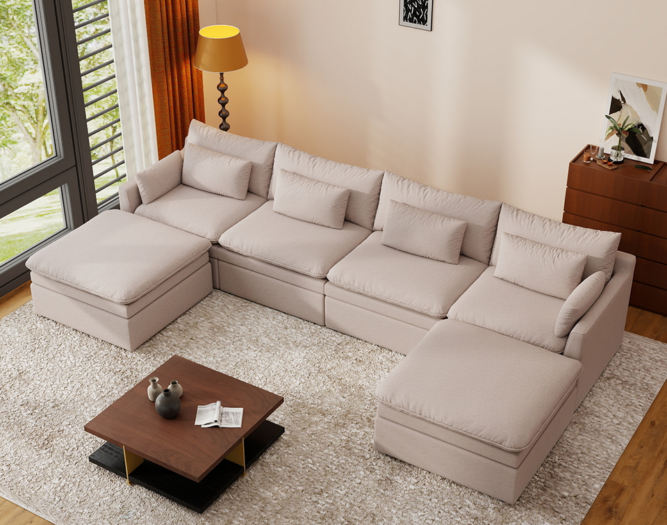 Deluxe Cloud 4-Seater Khaki U-Shaped Sectional | 6-Piece (Includes 2 Ottomans), Linen Look Poly Fabric, Washable Cushion Covers
