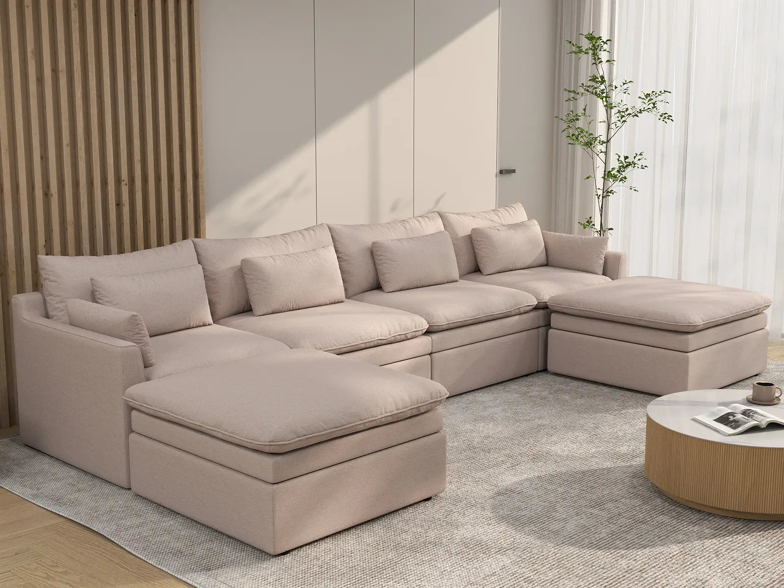 Deluxe Cloud 4-Seater Khaki U-Shaped Sectional | 6-Piece (Includes 2 Ottomans), Linen Look Poly Fabric, Washable Cushion Covers