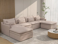 Deluxe Cloud 4-Seater Khaki U-Shaped Sectional | 6-Piece (Includes 2 Ottomans), Linen Look Poly Fabric, Washable Cushion Covers