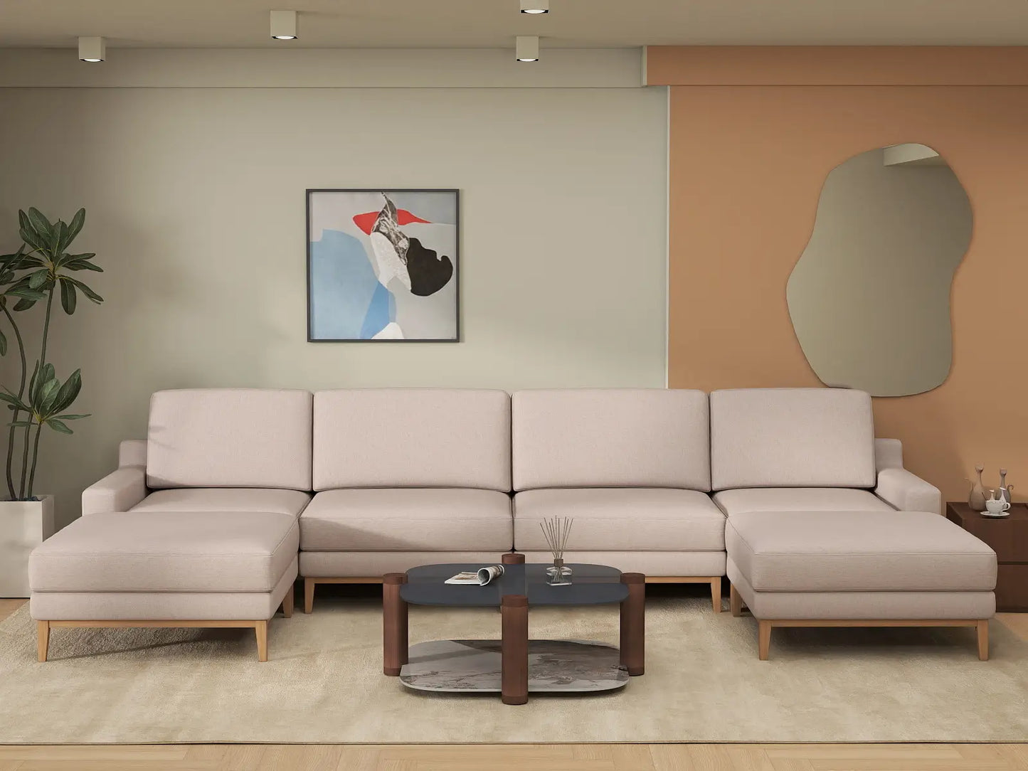 Deluxe Cloud 4-Seater Khaki U-Shaped Sectional | 6-Piece (Includes 2 Ottomans), Linen Look Poly Fabric, Washable Cushion Covers