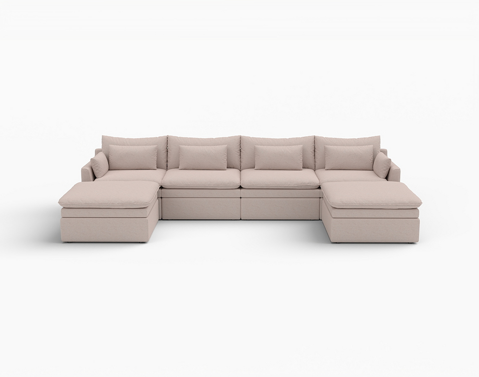 Deluxe Cloud 4-Seater Khaki U-Shaped Sectional | 6-Piece (Includes 2 Ottomans), Linen Look Poly Fabric, Washable Cushion Covers