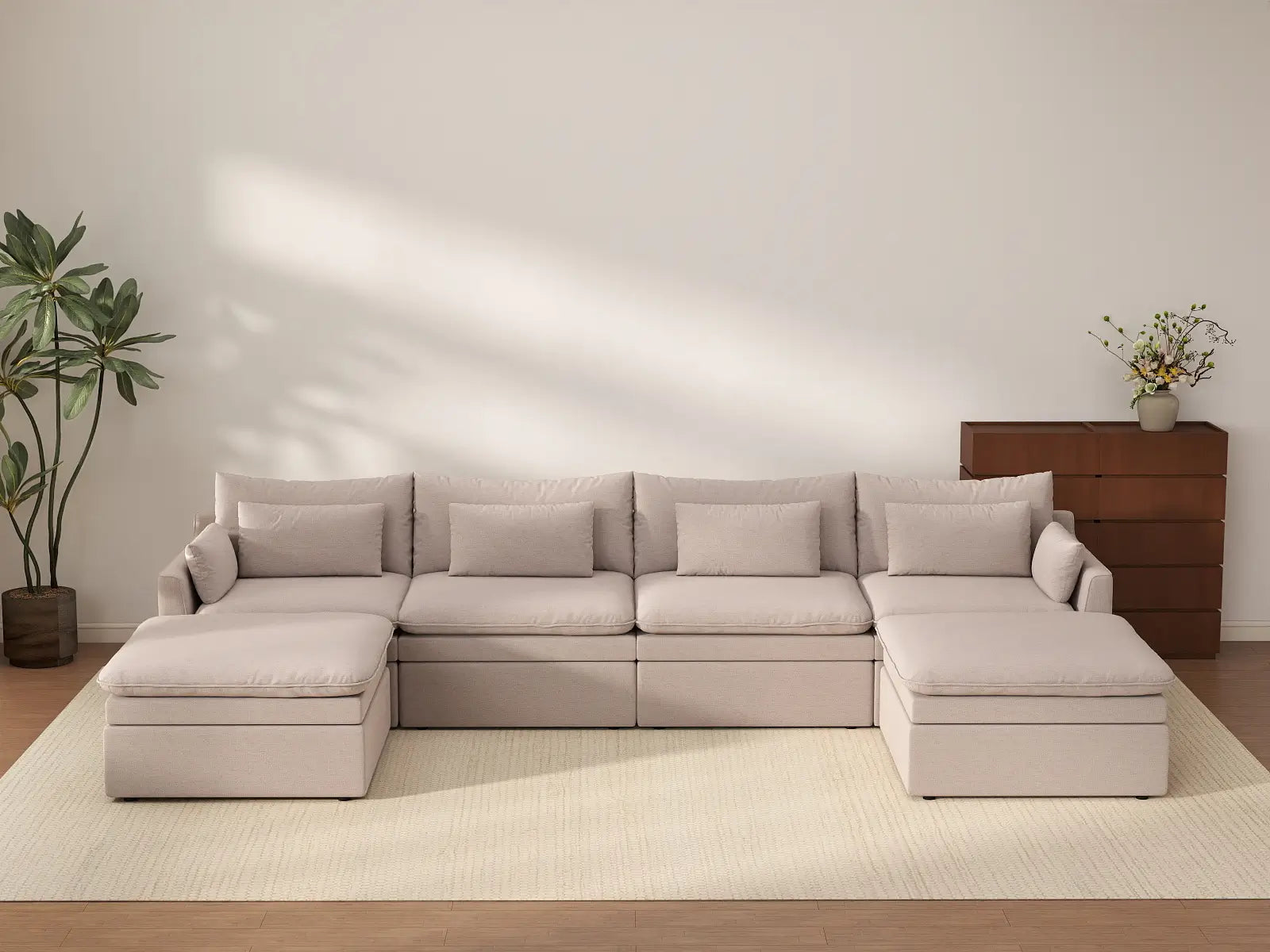 Deluxe Cloud 4-Seater Khaki U-Shaped Sectional | 6-Piece (Includes 2 Ottomans), Linen Look Poly Fabric, Washable Cushion Covers